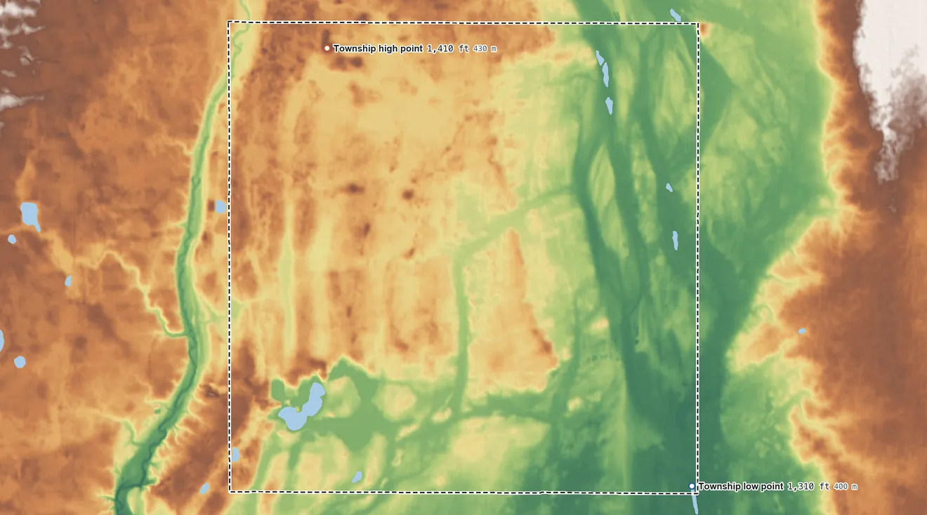 Topographic elevation map of Isley Township, North Dakota, shaded from 1,310 ft on the southeast side to 1,410 ft on the north side