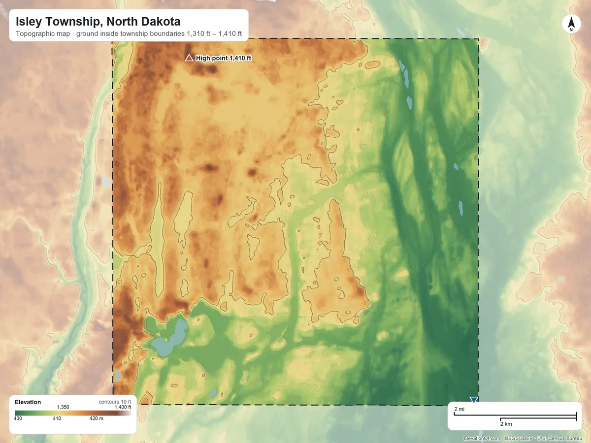 Topographic elevation map of Isley Township, North Dakota, shaded from 1,310 ft on the southeast side to 1,410 ft on the north side