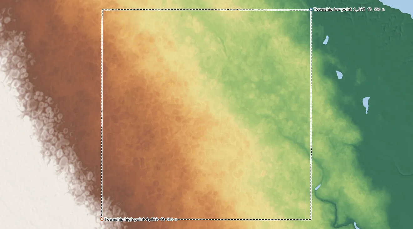 Topographic elevation map of Ivanhoe Township, North Dakota, shaded from 1,800 ft on the north side to 1,920 ft on the southwest side