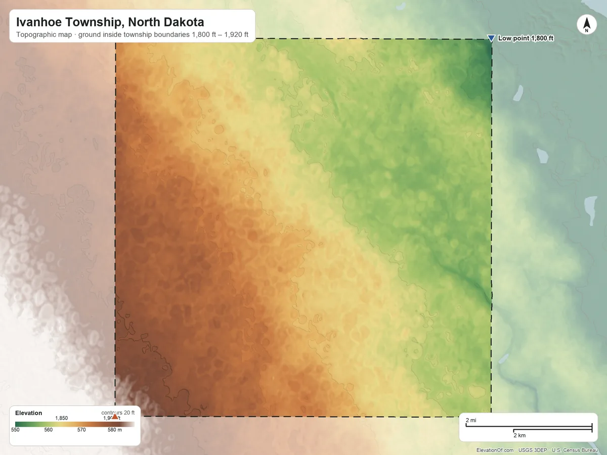 Topographic elevation map of Ivanhoe Township, North Dakota, shaded from 1,800 ft on the north side to 1,920 ft on the southwest side