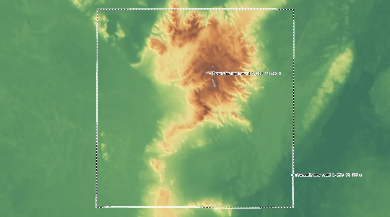 Topographic elevation map of Jackson Township, North Dakota, shaded from 1,290 ft on the southeast side to 1,510 ft near the middle