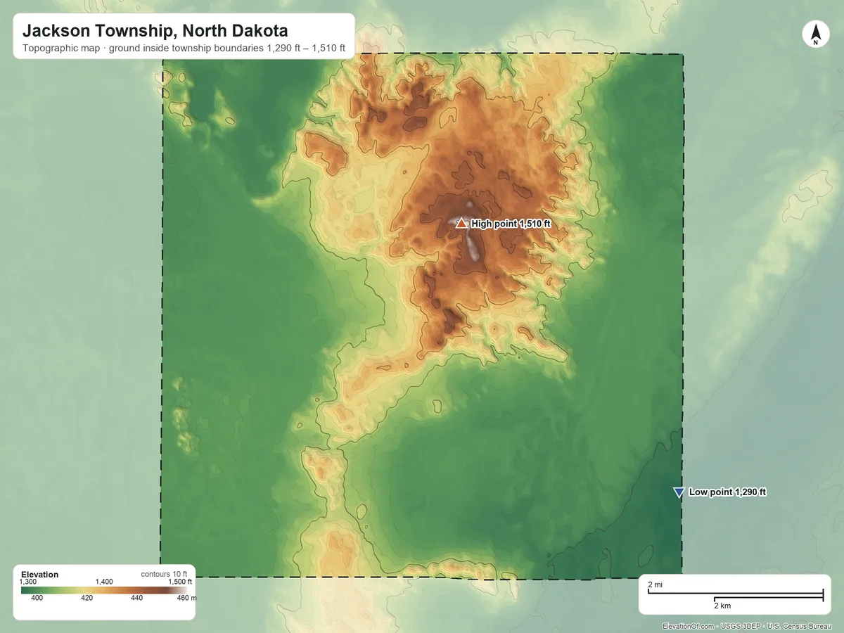 Topographic elevation map of Jackson Township, North Dakota, shaded from 1,290 ft on the southeast side to 1,510 ft near the middle