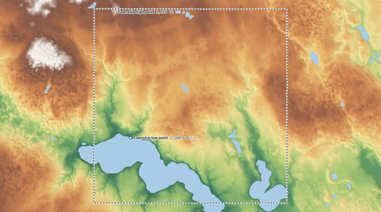 Topographic elevation map of James Hill Township, North Dakota, shaded from 2,160 ft on the west side to 2,480 ft on the northwest side