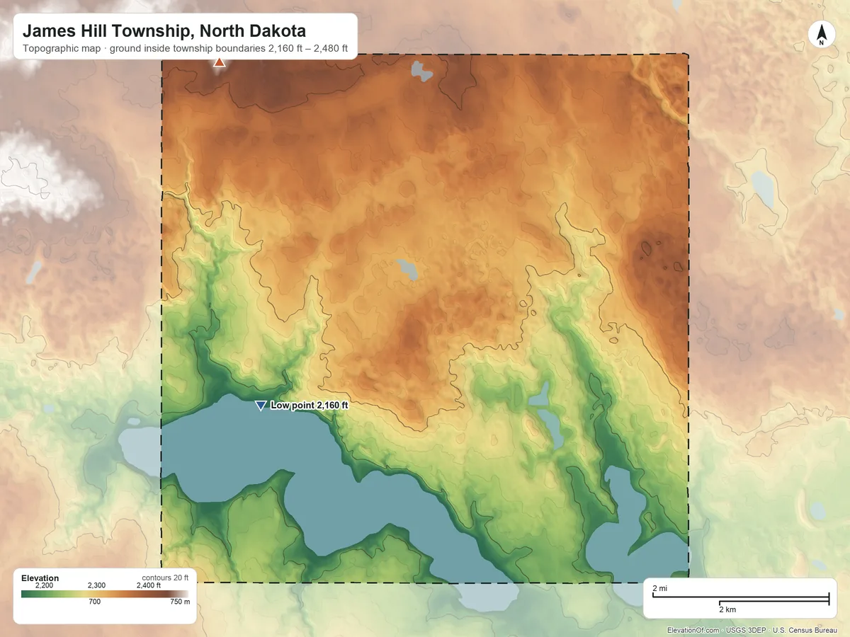 Topographic elevation map of James Hill Township, North Dakota, shaded from 2,160 ft on the west side to 2,480 ft on the northwest side