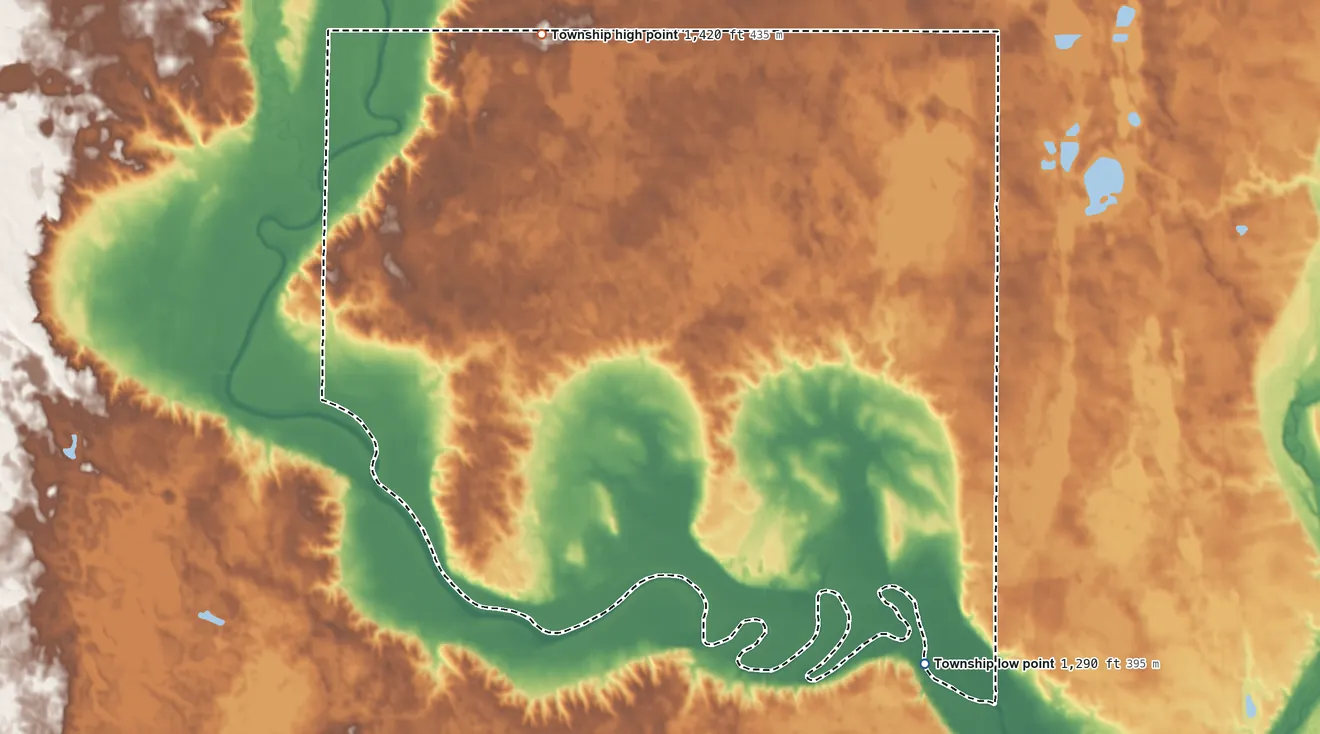 Topographic elevation map of James River Valley Township, North Dakota, shaded from 1,290 ft on the southeast side to 1,420 ft on the northwest side