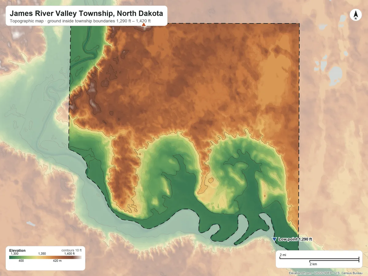 Topographic elevation map of James River Valley Township, North Dakota, shaded from 1,290 ft on the southeast side to 1,420 ft on the northwest side