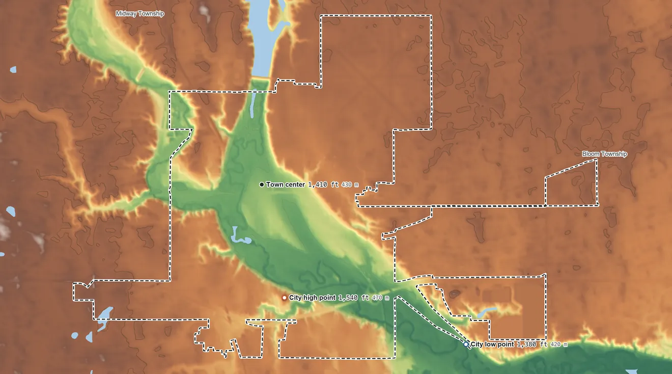 Topographic elevation map of Jamestown, North Dakota, shaded from 1,380 ft on the southeast side to 1,540 ft on the south side