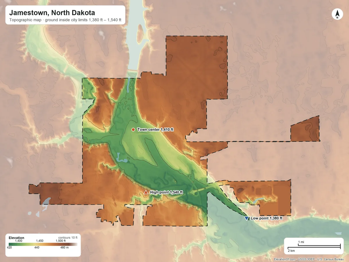 Topographic elevation map of Jamestown, North Dakota, shaded from 1,380 ft on the southeast side to 1,540 ft on the south side