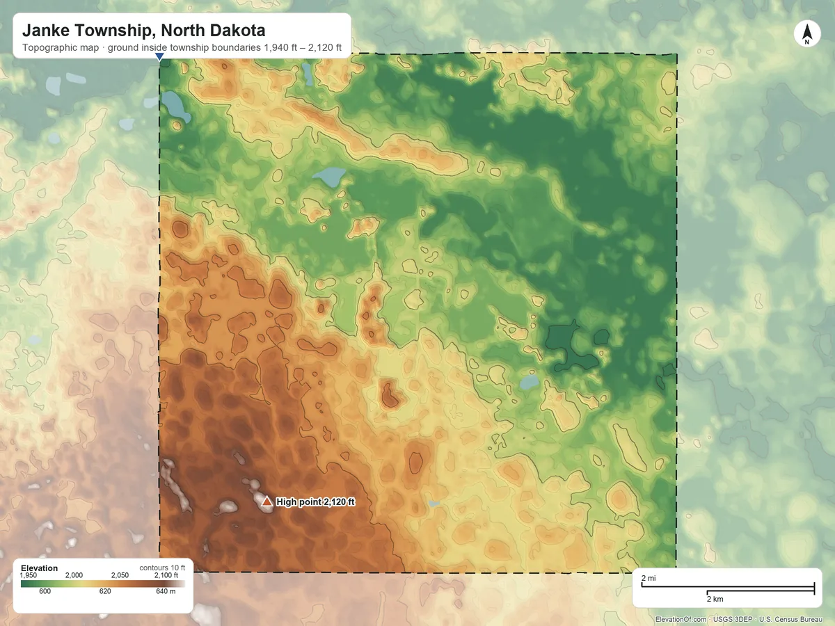 Topographic elevation map of Janke Township, North Dakota, shaded from 1,940 ft on the west side to 2,120 ft on the southwest side