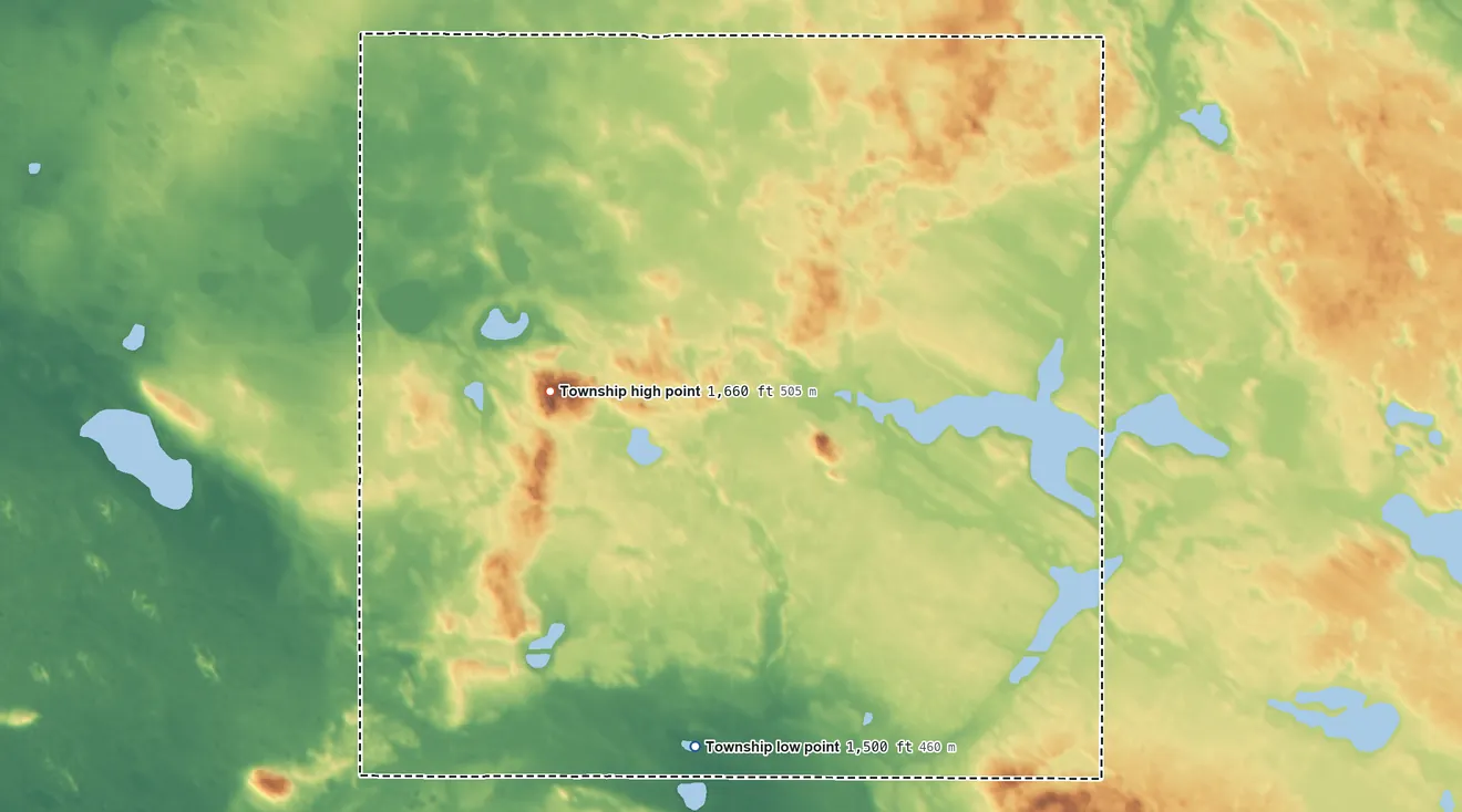 Topographic elevation map of Jefferson Township, North Dakota, shaded from 1,500 ft on the south side to 1,660 ft near the middle