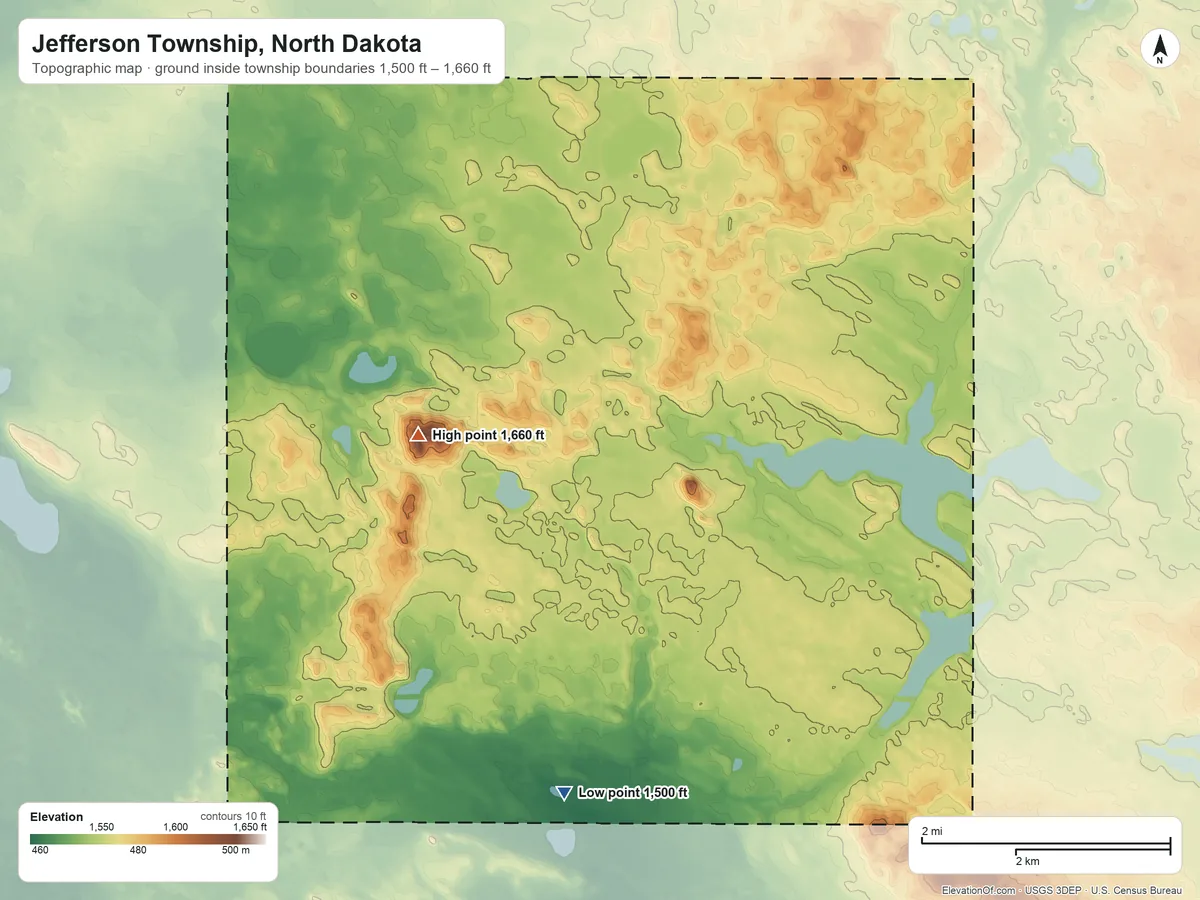 Topographic elevation map of Jefferson Township, North Dakota, shaded from 1,500 ft on the south side to 1,660 ft near the middle