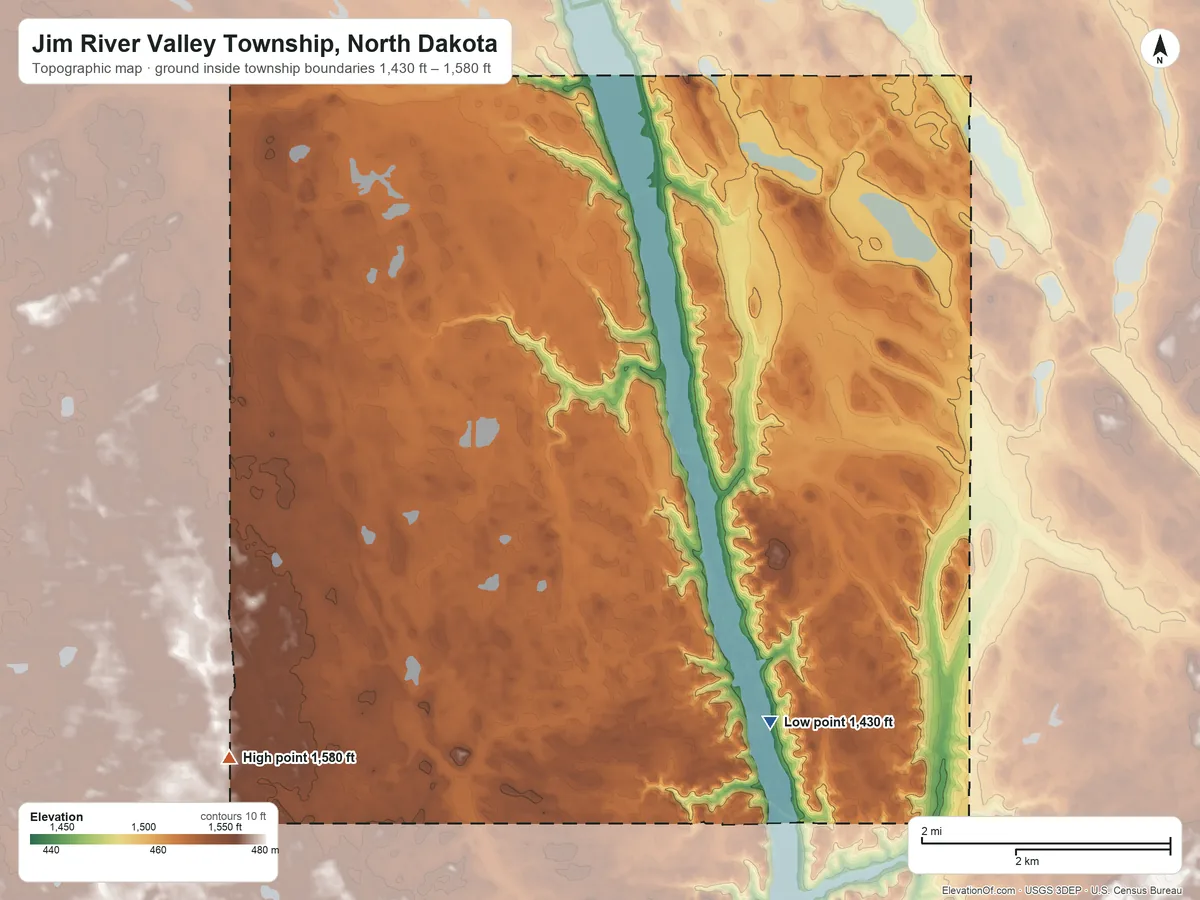 Topographic elevation map of Jim River Valley Township, North Dakota, shaded from 1,430 ft on the east side to 1,580 ft on the west side