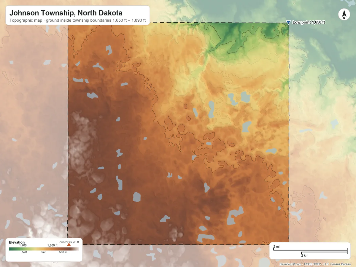 Topographic elevation map of Johnson Township, North Dakota, shaded from 1,650 ft on the northeast side to 1,890 ft on the southwest side