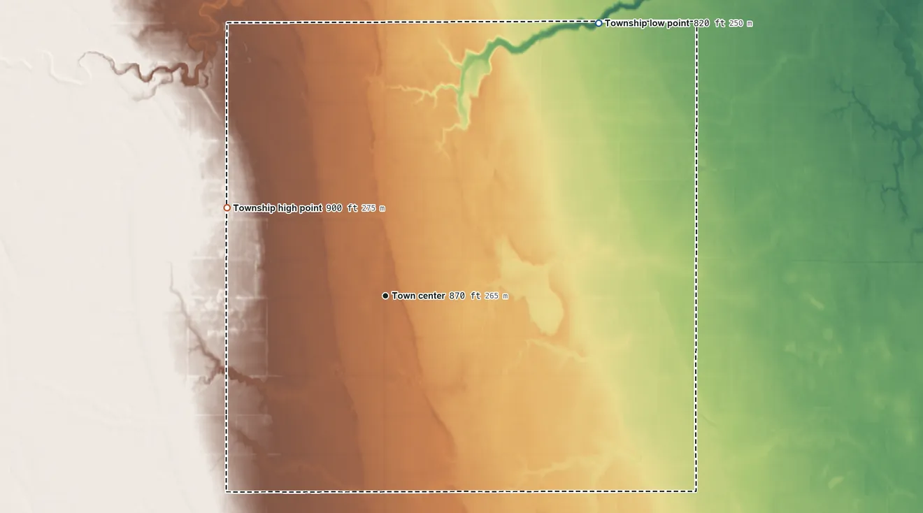 Topographic elevation map of Johnstown Township, North Dakota, shaded from 820 ft on the northeast side to 900 ft on the northwest side