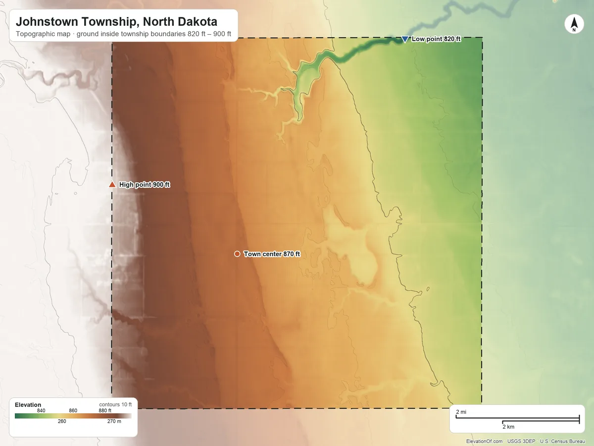 Topographic elevation map of Johnstown Township, North Dakota, shaded from 820 ft on the northeast side to 900 ft on the northwest side
