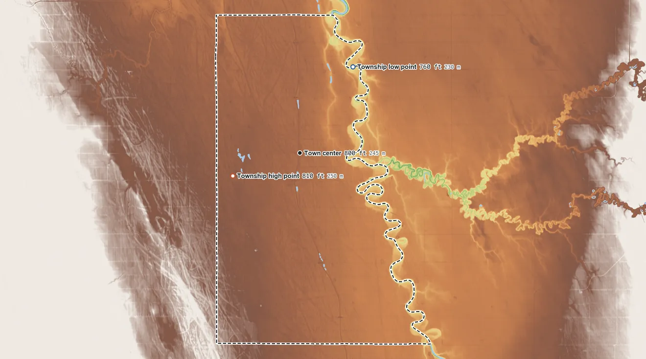 Topographic elevation map of Joliette Township, North Dakota, shaded from 760 ft on the northeast side to 810 ft on the west side
