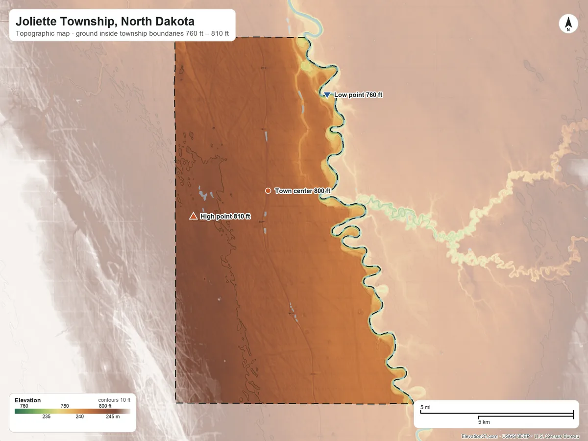 Topographic elevation map of Joliette Township, North Dakota, shaded from 760 ft on the northeast side to 810 ft on the west side