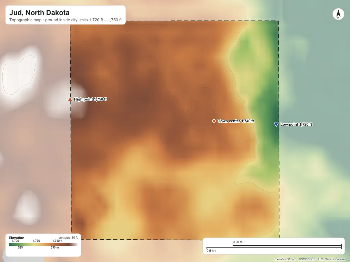 Topographic elevation map of Jud, North Dakota, shaded from 1,720 ft on the east side to 1,750 ft on the west side