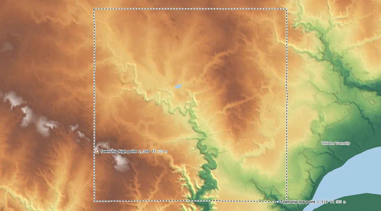 Topographic elevation map of Judson Township, North Dakota, shaded from 1,910 ft on the southeast side to 2,340 ft on the west side