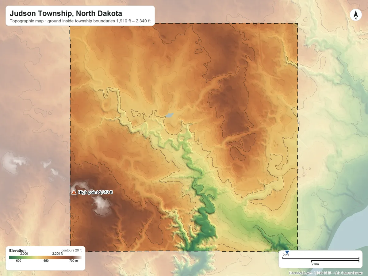 Topographic elevation map of Judson Township, North Dakota, shaded from 1,910 ft on the southeast side to 2,340 ft on the west side