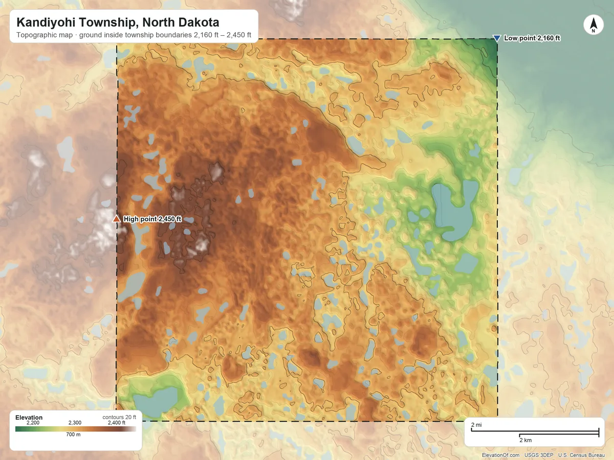 Topographic elevation map of Kandiyohi Township, North Dakota, shaded from 2,160 ft on the northeast side to 2,450 ft on the west side
