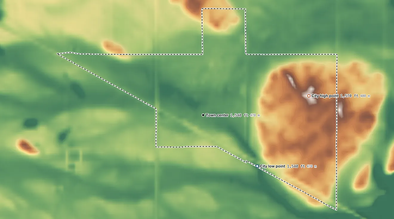 Topographic elevation map of Karlsruhe, North Dakota, shaded from 1,540 ft on the southeast side to 1,570 ft on the east side