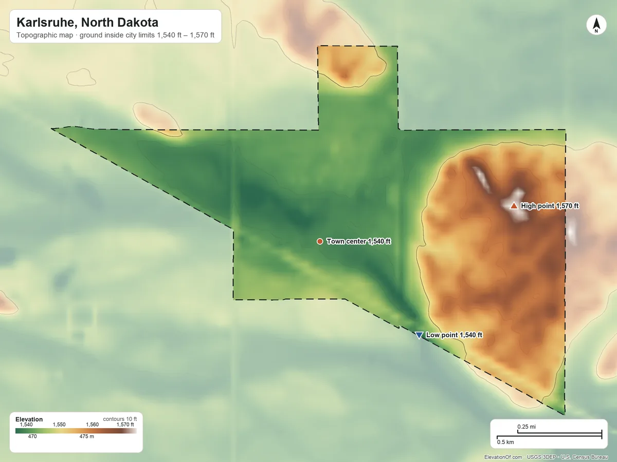 Topographic elevation map of Karlsruhe, North Dakota, shaded from 1,540 ft on the southeast side to 1,570 ft on the east side