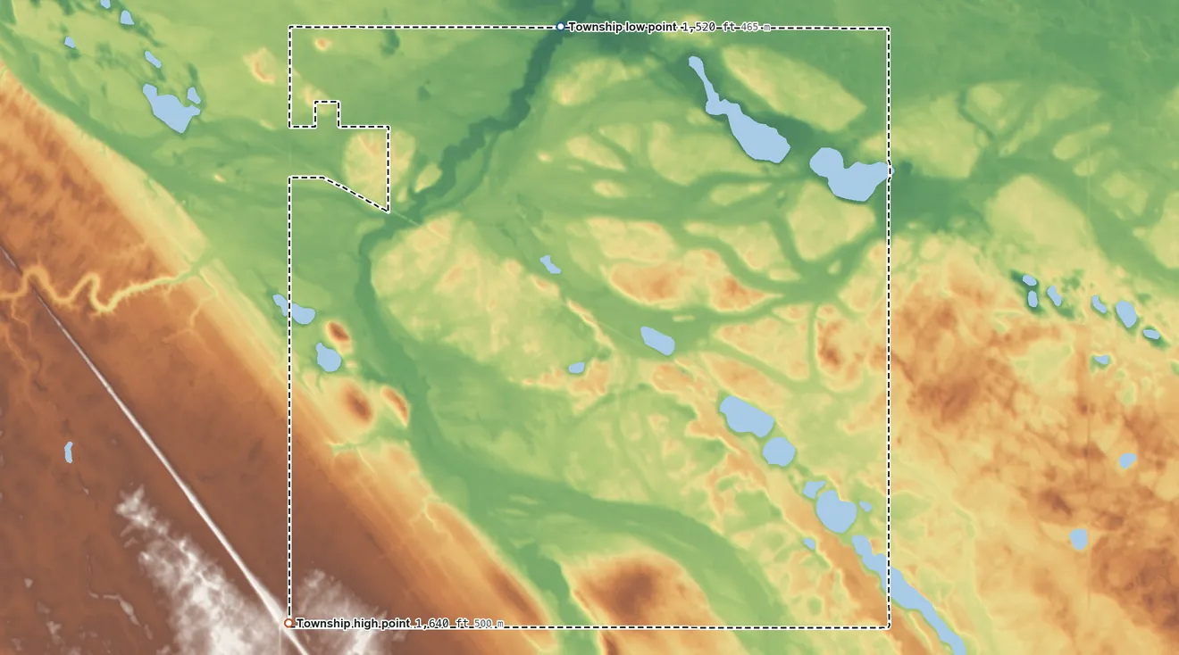 Topographic elevation map of Karlsruhe Township, North Dakota, shaded from 1,520 ft on the north side to 1,640 ft on the southwest side