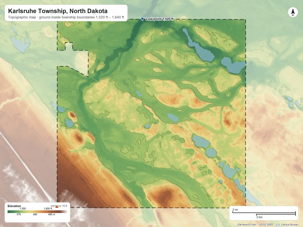 Topographic elevation map of Karlsruhe Township, North Dakota, shaded from 1,520 ft on the north side to 1,640 ft on the southwest side