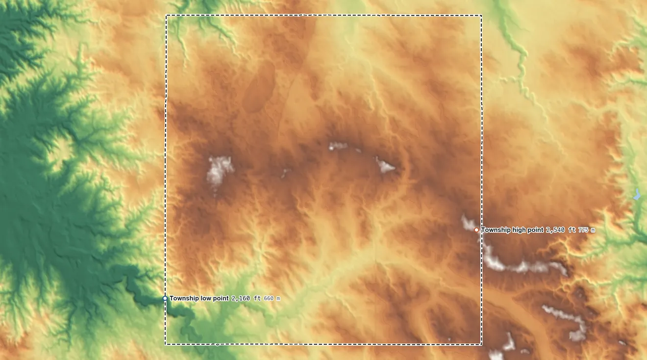 Topographic elevation map of Keene Township, North Dakota, shaded from 2,160 ft on the west side to 2,540 ft on the east side