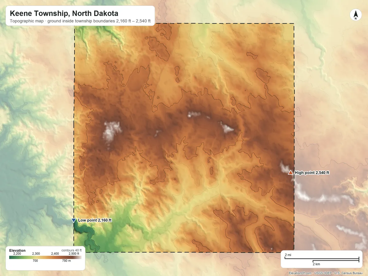 Topographic elevation map of Keene Township, North Dakota, shaded from 2,160 ft on the west side to 2,540 ft on the east side
