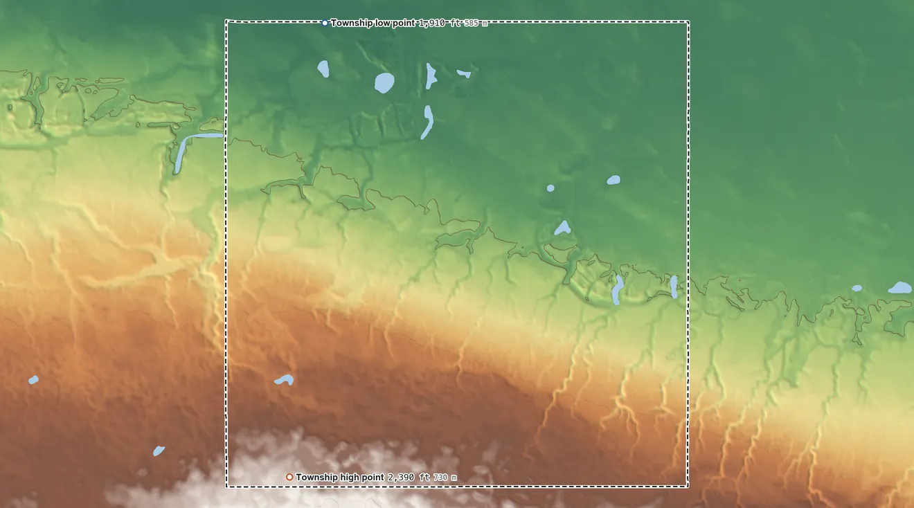 Topographic elevation map of Keller Township, North Dakota, shaded from 1,910 ft on the northwest side to 2,390 ft on the southwest side