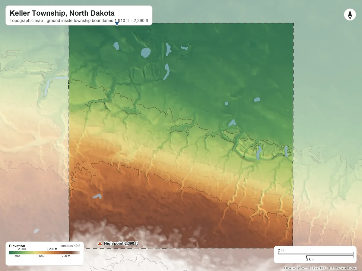 Topographic elevation map of Keller Township, North Dakota, shaded from 1,910 ft on the northwest side to 2,390 ft on the southwest side