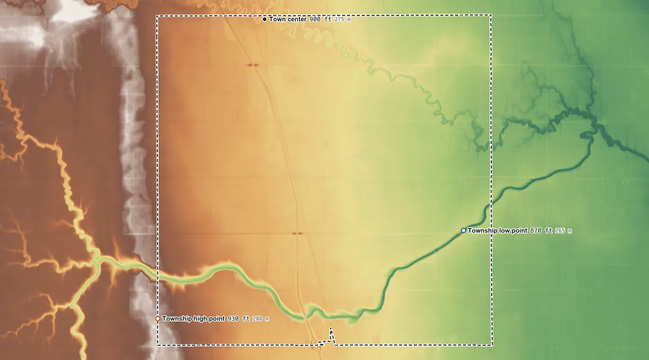 Topographic elevation map of Kelso Township, North Dakota, shaded from 870 ft on the southeast side to 930 ft on the south side