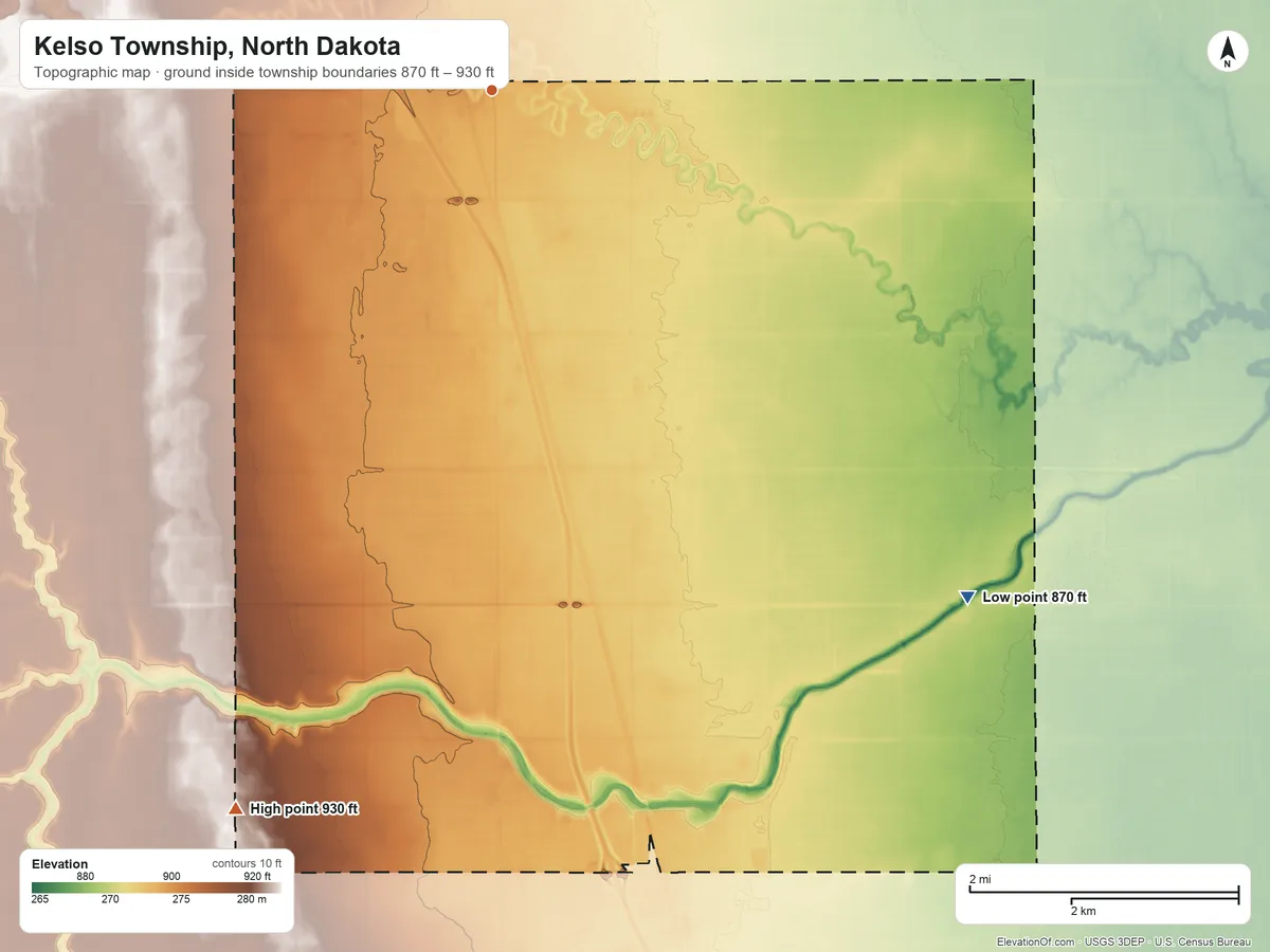 Topographic elevation map of Kelso Township, North Dakota, shaded from 870 ft on the southeast side to 930 ft on the south side