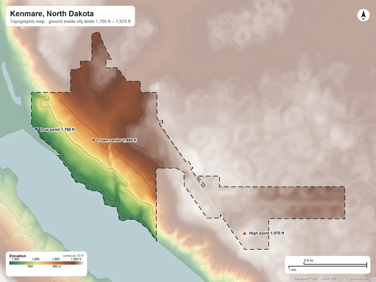 Topographic elevation map of Kenmare, North Dakota, shaded from 1,790 ft on the west side to 1,970 ft on the southeast side