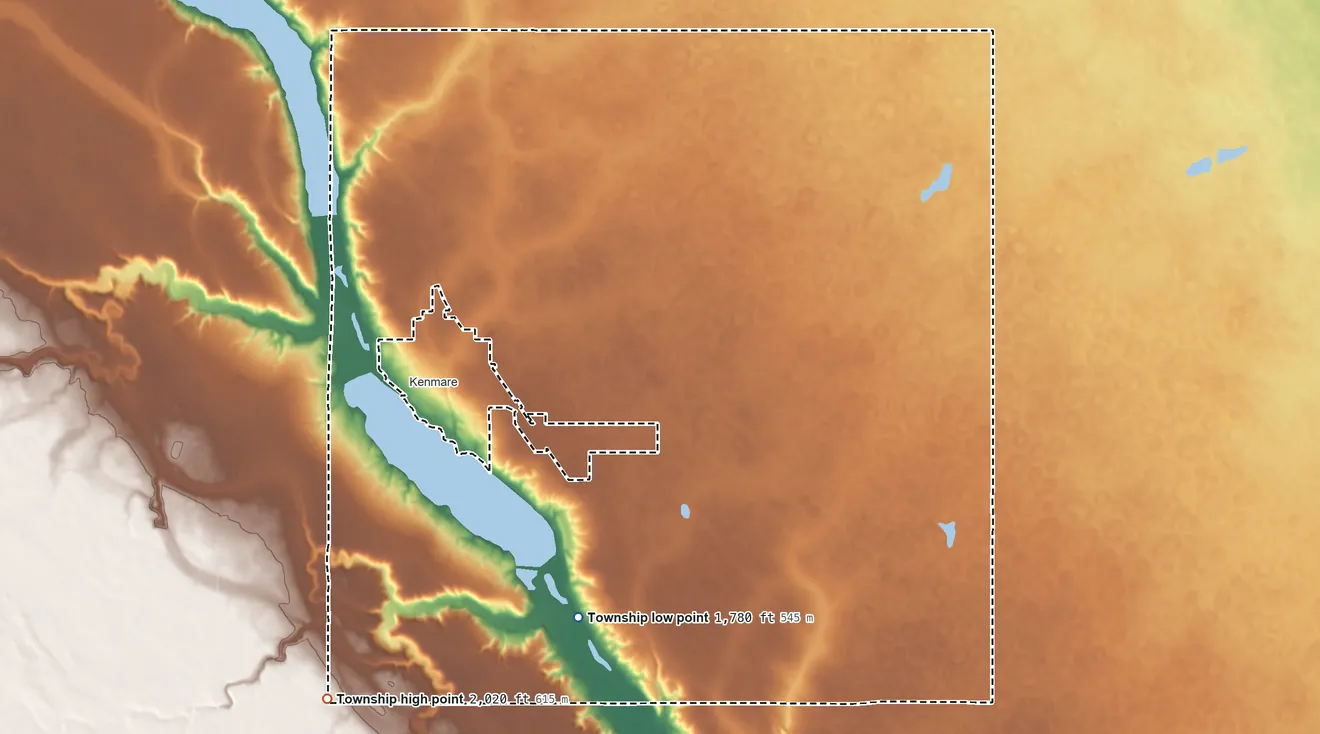 Topographic elevation map of Kenmare Township, North Dakota, shaded from 1,780 ft on the south side to 2,020 ft on the southwest side