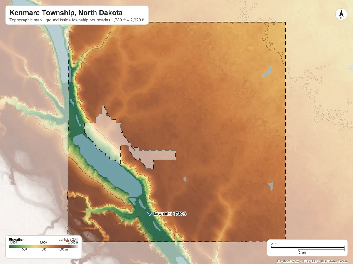 Topographic elevation map of Kenmare Township, North Dakota, shaded from 1,780 ft on the south side to 2,020 ft on the southwest side