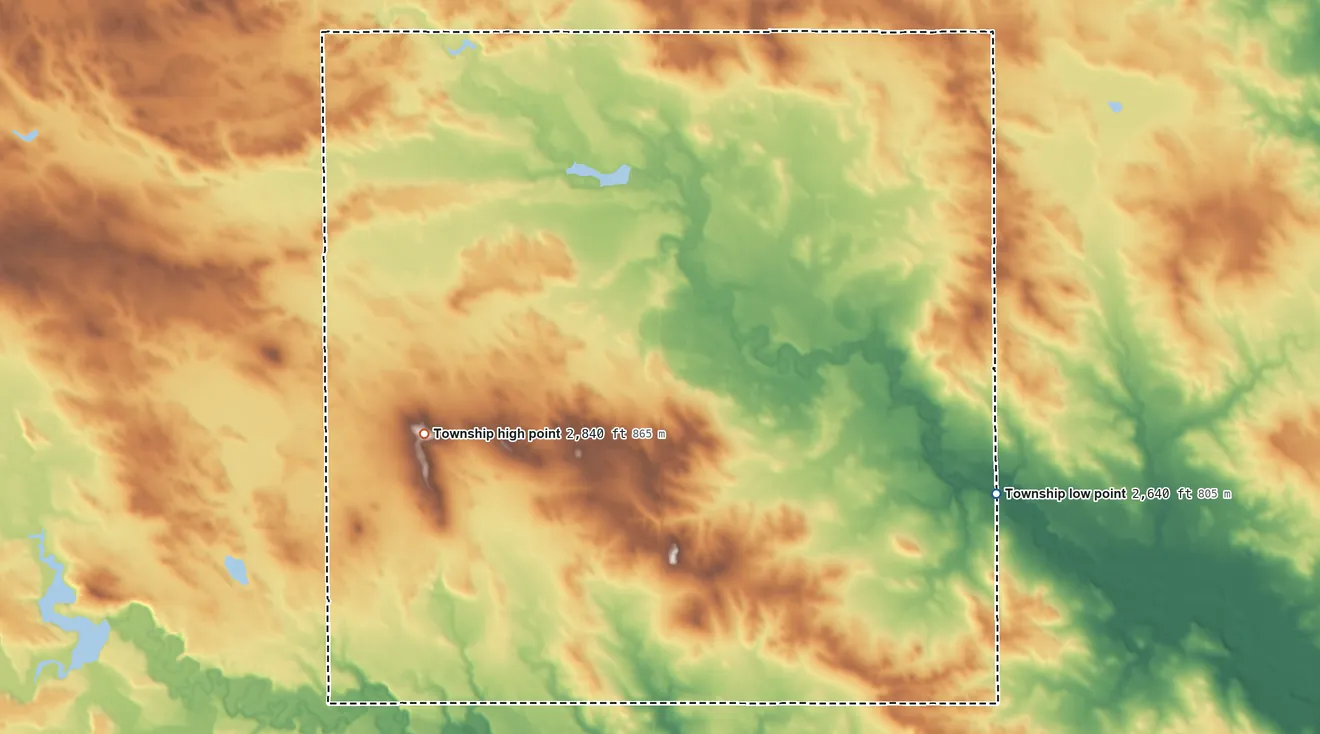 Topographic elevation map of Kennedy Township, North Dakota, shaded from 2,640 ft on the southeast side to 2,840 ft on the southwest side