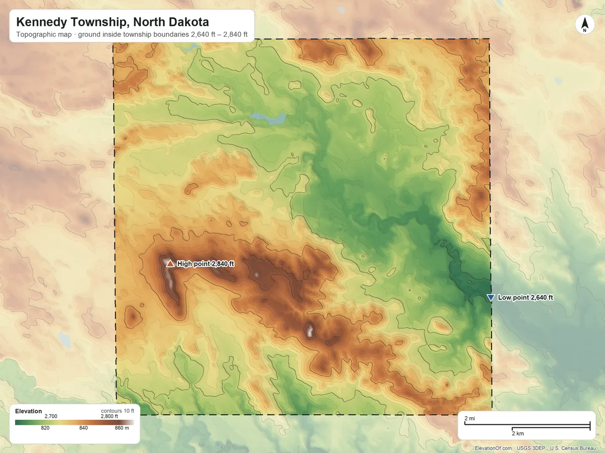 Topographic elevation map of Kennedy Township, North Dakota, shaded from 2,640 ft on the southeast side to 2,840 ft on the southwest side