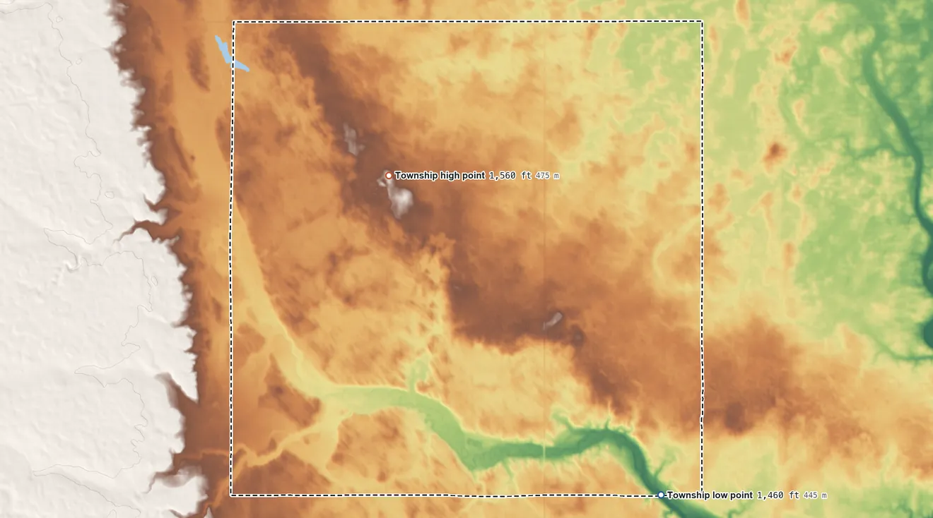 Topographic elevation map of Kennison Township, North Dakota, shaded from 1,460 ft on the southeast side to 1,560 ft on the northwest side