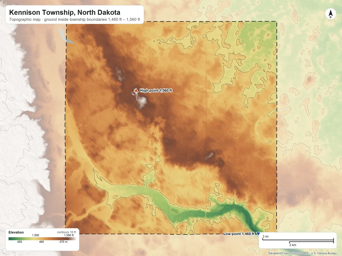 Topographic elevation map of Kennison Township, North Dakota, shaded from 1,460 ft on the southeast side to 1,560 ft on the northwest side