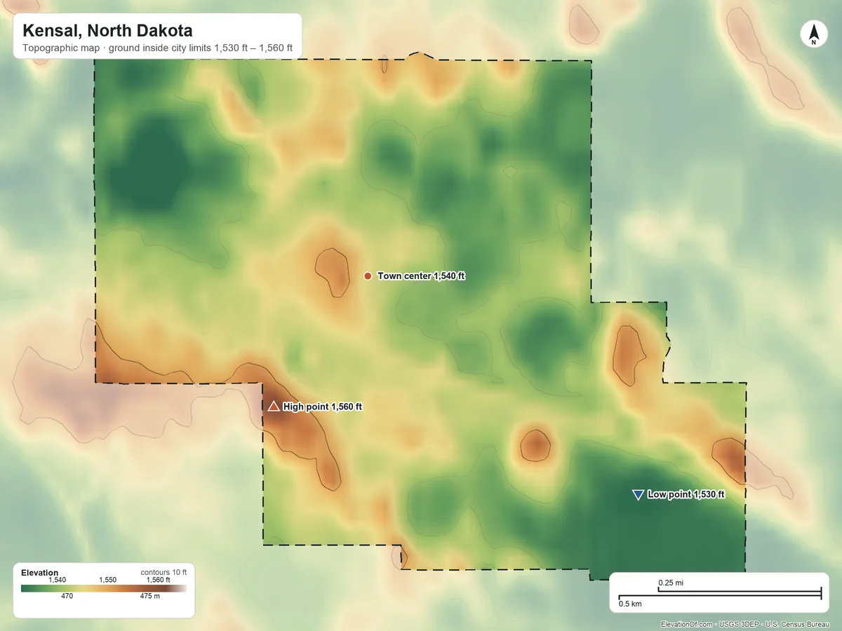 Topographic elevation map of Kensal, North Dakota, shaded from 1,530 ft on the southeast side to 1,560 ft on the southwest side