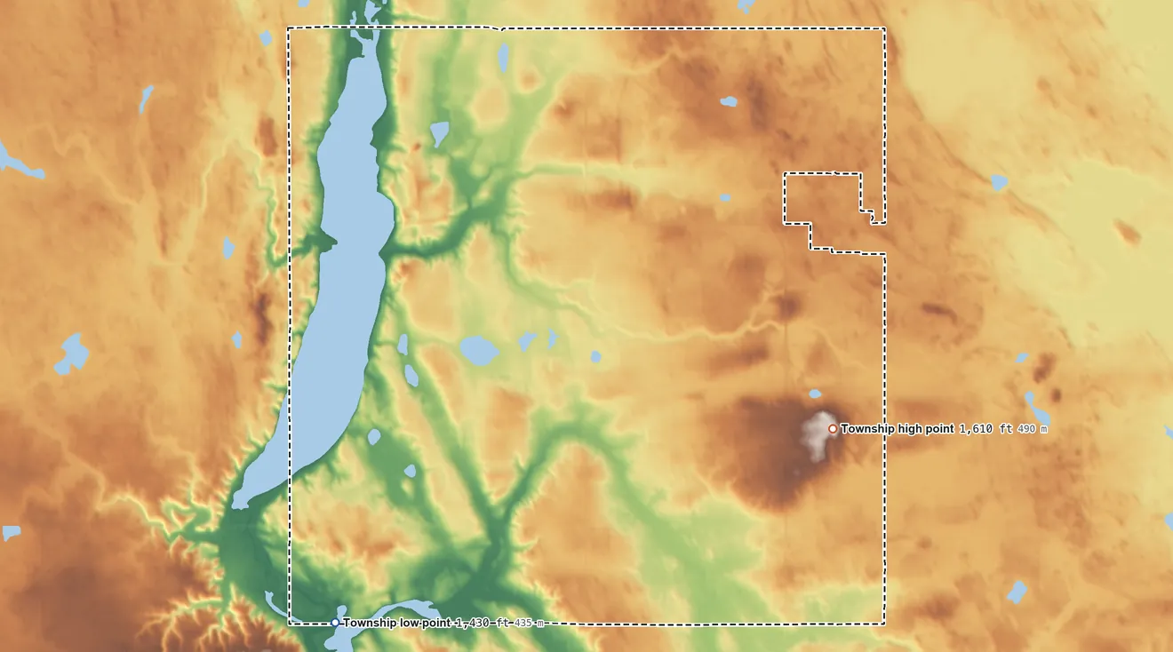 Topographic elevation map of Kensal Township, North Dakota, shaded from 1,430 ft on the southwest side to 1,610 ft on the east side