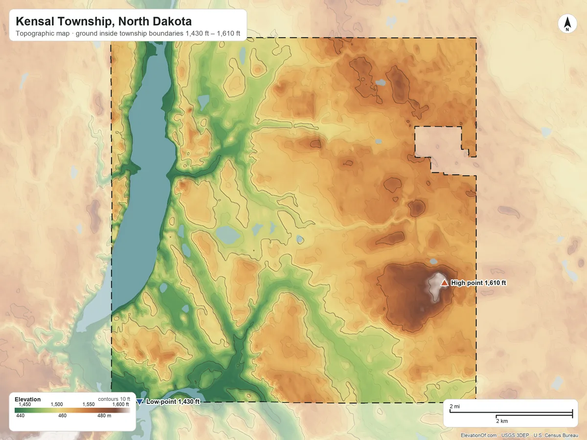 Topographic elevation map of Kensal Township, North Dakota, shaded from 1,430 ft on the southwest side to 1,610 ft on the east side