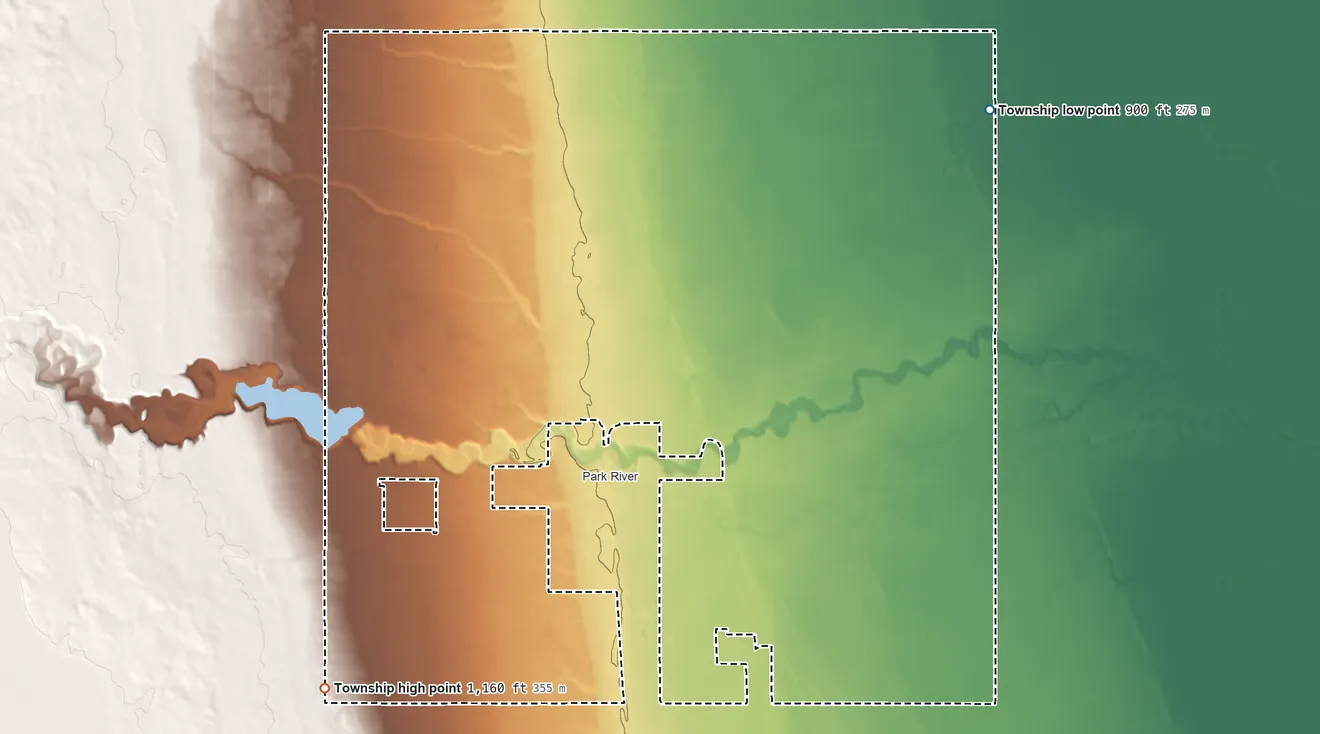 Topographic elevation map of Kensington Township, North Dakota, shaded from 900 ft on the northeast side to 1,160 ft on the southwest side