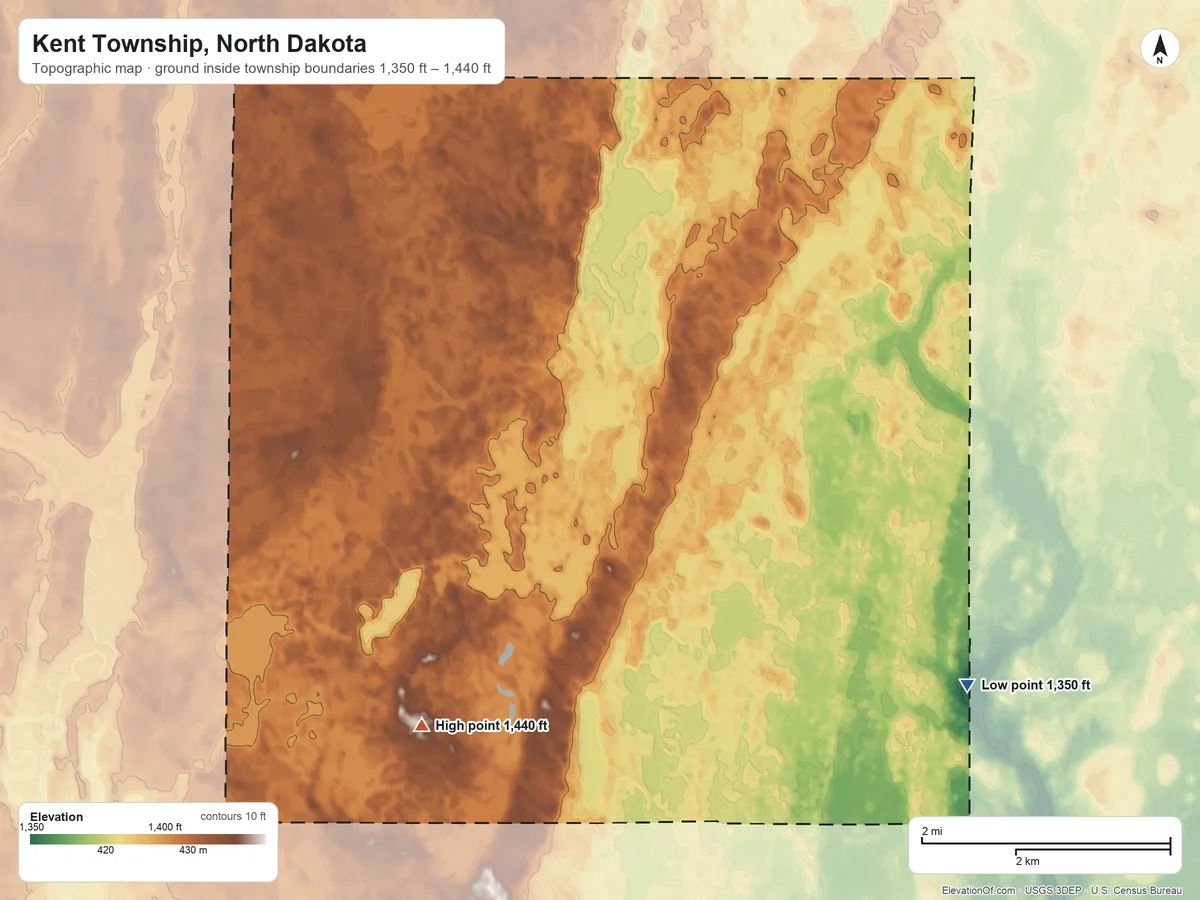 Topographic elevation map of Kent Township, North Dakota, shaded from 1,350 ft on the southeast side to 1,440 ft on the southwest side