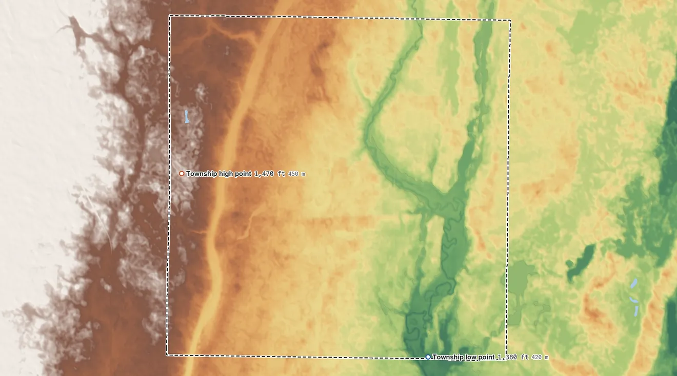 Topographic elevation map of Kentner Township, North Dakota, shaded from 1,380 ft on the southeast side to 1,470 ft on the west side