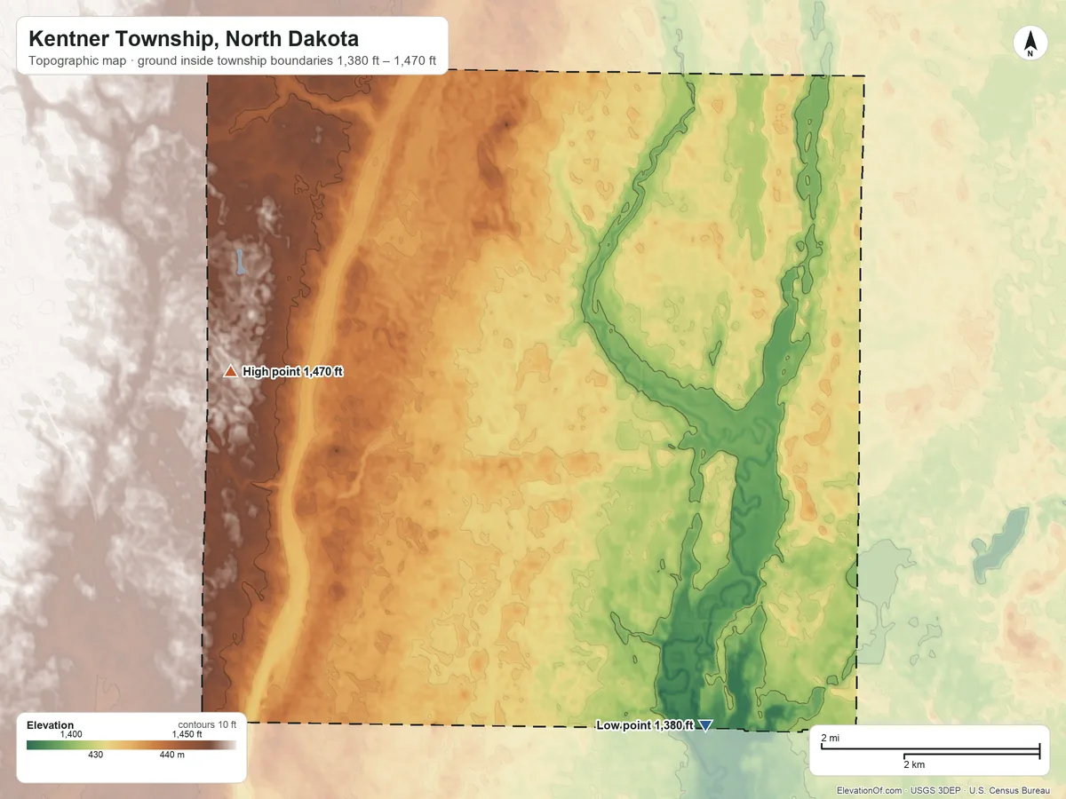 Topographic elevation map of Kentner Township, North Dakota, shaded from 1,380 ft on the southeast side to 1,470 ft on the west side
