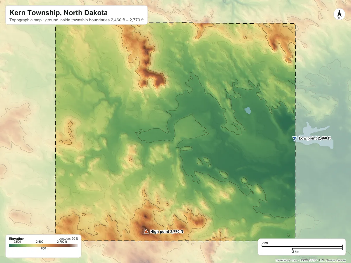 Topographic elevation map of Kern Township, North Dakota, shaded from 2,460 ft on the east side to 2,770 ft on the southwest side